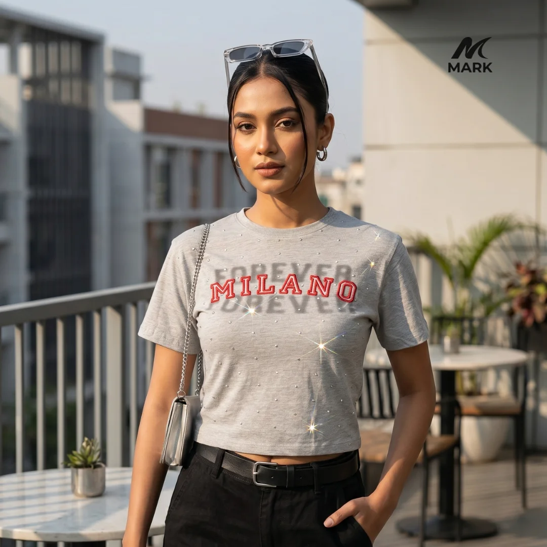 Urban Glamour: Women's "Milano Forever" Rhinestone Crop Tee