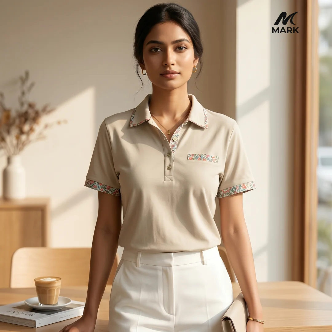 Smart Casual Chic: Women's Floral-Trim Polo Shirt
