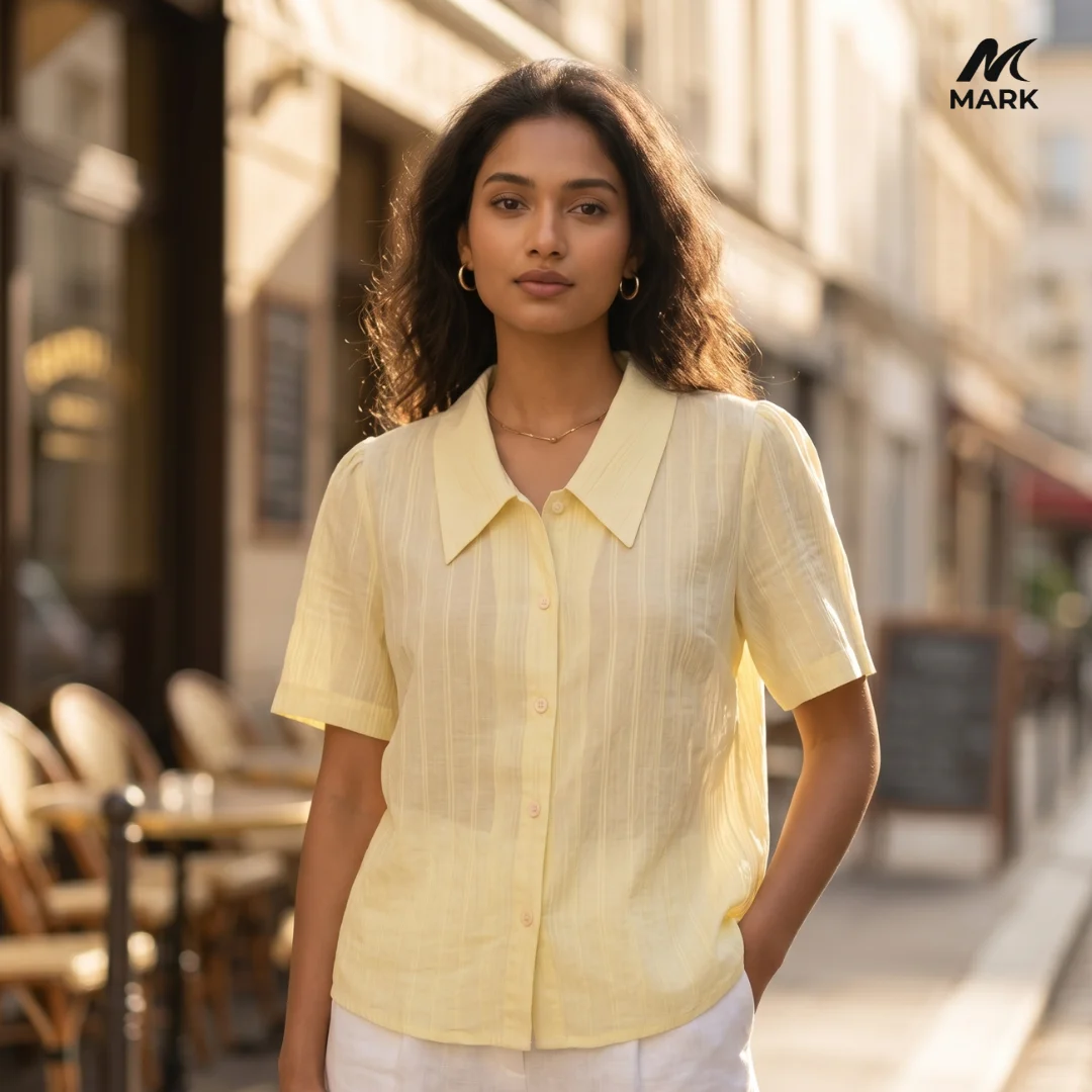 Parisian Sunshine: Women's Textured Stripe Short Sleeve Shirt