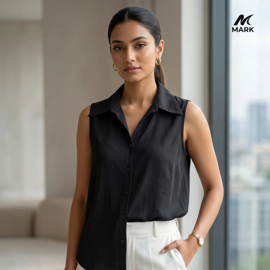 Power Styling: Women's Sleeveless Button-Down Satin Blouse