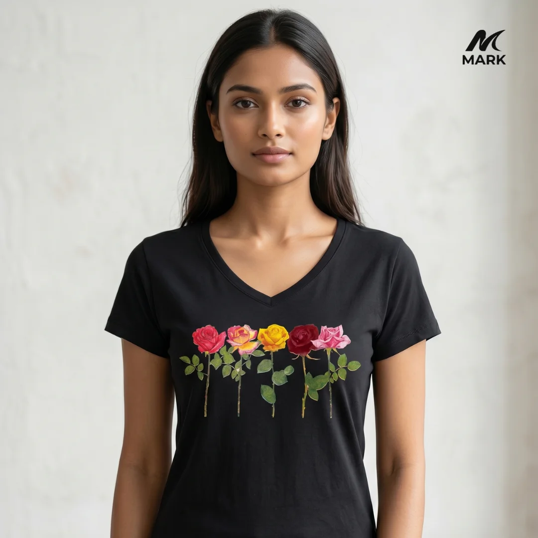 Botanical Grace: Women's V-Neck Rose Graphic T-Shirt