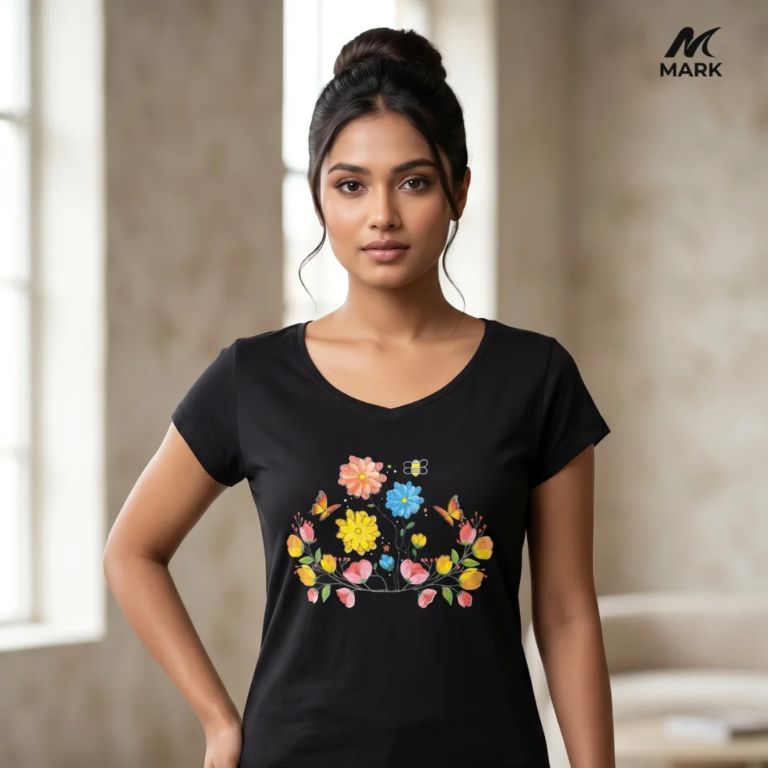 Whimsical Garden: Women's V-Neck Floral & Butterfly Graphic Tee