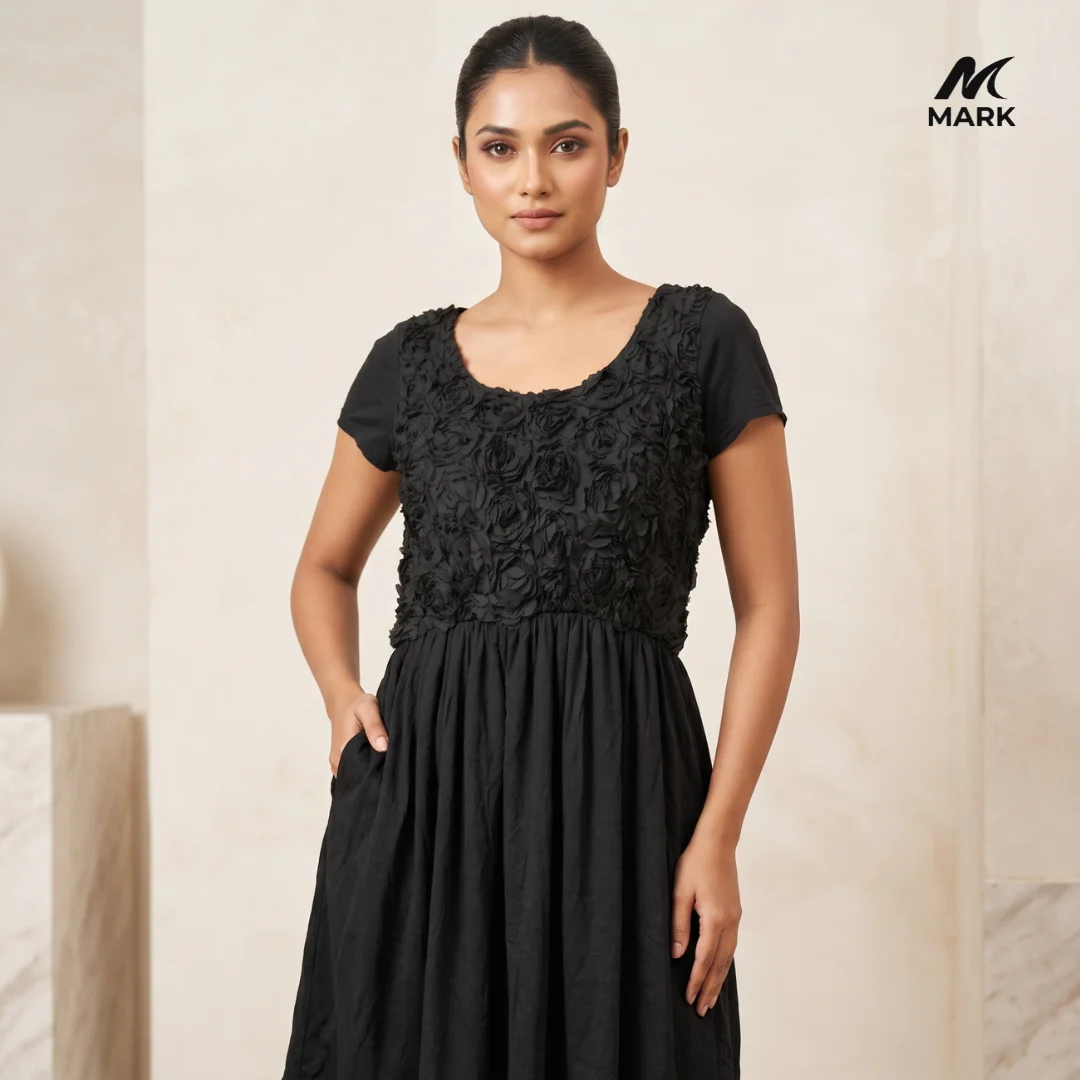 Timeless Romance: Women's Rosette Bodice Gathered Dress with Pockets